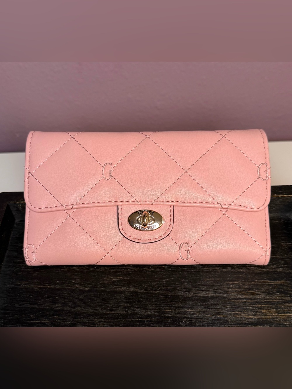 GUESS Pink Quilted Diamond Tri-Fold Wallet with Credit Card Slots & ID Window